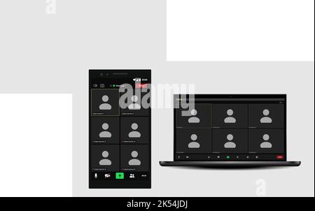 Sovrapposizione della finestra delle chiamate in conferenza video. Conferenza online. Videocall schermo mockup per conferenza di apprendimento. Beffa della conversazione remota Illustrazione Vettoriale
