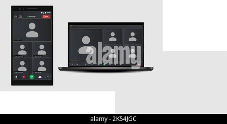 Sovrapposizione della finestra delle chiamate in conferenza video. Sovrapposizione della finestra delle videochiamate. Videocall schermo mockup per conferenza di apprendimento. Comunicazione digitale. Vuoto Illustrazione Vettoriale