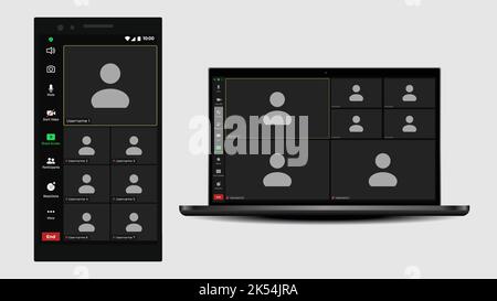 Modello di interfaccia per videochiamate online con icona utente. Domanda di comunicazione sociale. Finestre di comunicazione per app e desktop. Visualizzazione dello schermo Illustrazione Vettoriale