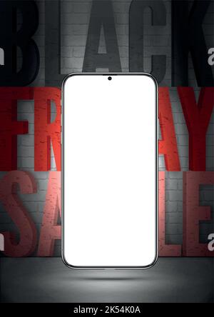 Vendita tecnica Black friday modello di banner vettoriale realistico. 3d mockup smartphone con schermo vuoto su sfondo grigio muro di mattoni. Elettronica, gadget sconto offerta pubblicità poster design layout Illustrazione Vettoriale