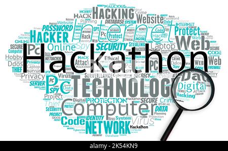 Nuvola di parole grandi con parole hakathon con lente d'ingrandimento. Creare software o hardware funzionante entro la fine dell'evento. Foto Stock