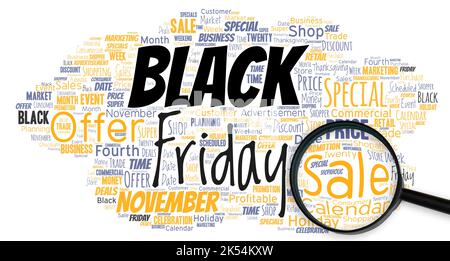 Nuvola di parole con parole Black friday con lente d'ingrandimento. Il giorno dopo la festa degli Stati Uniti di Thanksgiving Shopping stagione Foto Stock