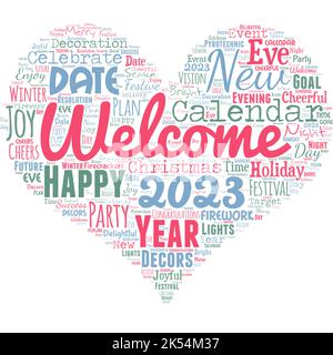 Nuvola di parole a forma di cuore con 2023 parole per il nuovo anno. Festa di Capodanno motivazione per iniziare Cheers Complimenti. Illustrazione Vettoriale