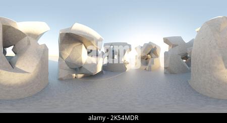 mappa ambientale panoramica completa a 360 gradi di edifici cubici futuristici con cielo e sole rappresentazione 3d hdri hdr vr realtà virtuale Foto Stock