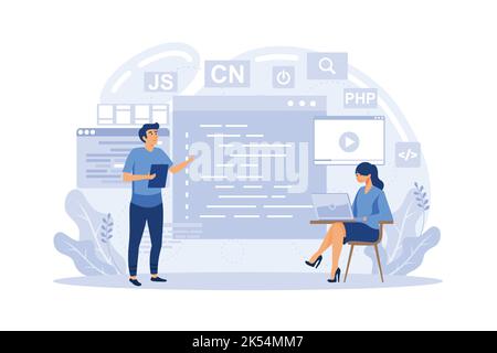 Corsi di programmazione concetto di web design con le persone. Studenti che studiano con la scena del computer. Corsi IT online composizione in stile piatto. Illustrazione Vettoriale