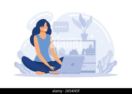 Giovane donna seduta sul pavimento e che lavora su un laptop, illustrazione piatta freelance del vettore Illustrazione Vettoriale