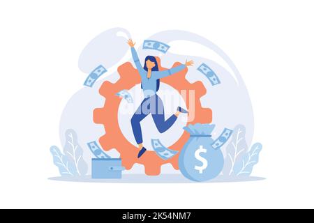 Investimento redditizio, finanziamenti flat illustrazione vettoriale. Il mercato azionario di reddito. Imprenditore di successo permanente sulla pila di monete. Millionaire banchiere, fina Illustrazione Vettoriale