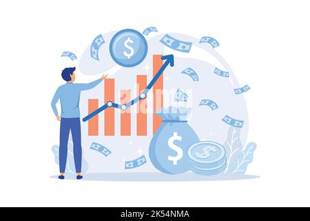 Investimento redditizio, finanziamenti flat illustrazione vettoriale. Il mercato azionario di reddito. Imprenditore di successo permanente sulla pila di monete. Millionaire banchiere, fina Illustrazione Vettoriale