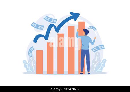 Investimento redditizio, finanziamenti flat illustrazione vettoriale. Il mercato azionario di reddito. Imprenditore di successo permanente sulla pila di monete. Millionaire banchiere, fina Illustrazione Vettoriale