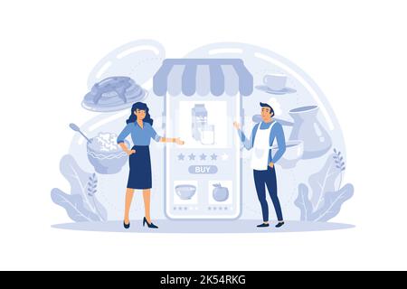 Illustrazione vettoriale. Ordinare cibo online. App sul telefono cellulare. Alimentari freschi. Consegna di cibo. Servizio ordini online. Ordinare con lo smartphone. Illustrazione Vettoriale