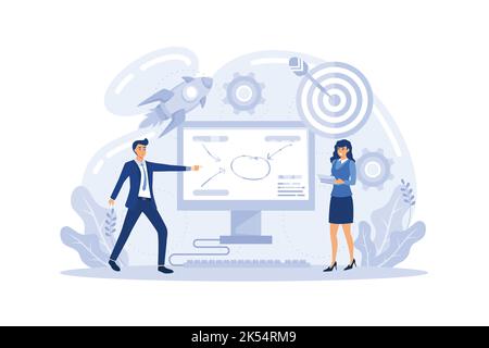 Processo creativo. Specialista marketing design presentazione aziendale unica e identità creativa. Riconoscimento del marchio come parte della strategia di marketing. Piatto Illustrazione Vettoriale