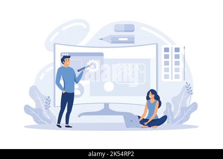 Design. Specialista marketing design presentazione aziendale unica e identità creativa. Riconoscimento del marchio come parte della strategia di marketing. Vettore piatto il Illustrazione Vettoriale