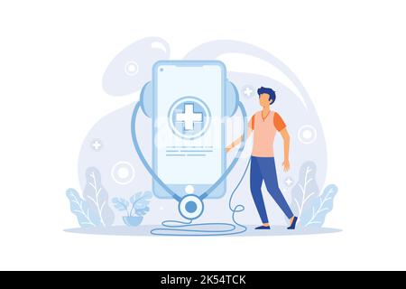 Consulenza medica online con il concetto di illustrazione dell'app per smartphone mobile Illustrazione Vettoriale
