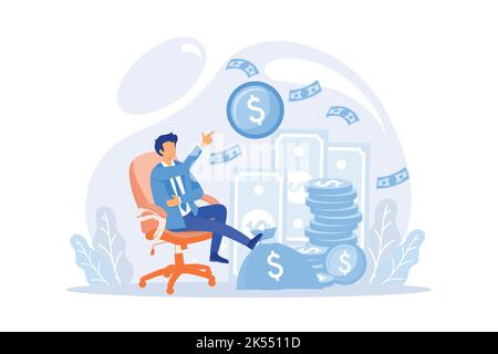 Reddito passivo, stipendio e profitti concetto, un uomo si rilassa in attesa che i soldi per entrare nel suo sacco del dollaro. Illustrazione Vettoriale