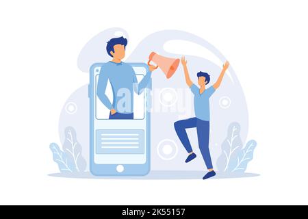 Illustrazione del concetto di marketing mobile, perfetta per il web design, banner, app mobile, landing page, design vettoriale flat. Illustrazione Vettoriale