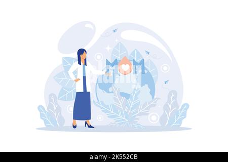 Poster del giorno della madre terra con il pianeta, la natura e la bellezza della donna. Carino cartone animato Vector Girl con selvaggio foresta naturale e globo, mondo ambiente backgroun Illustrazione Vettoriale