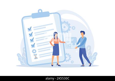 Gestione dei progetti. Processo e pianificazione aziendale, organizzazione del flusso di lavoro. Colleghi che lavorano insieme, lavoro di squadra. Concetto di consegna del progetto. Illustrazione Vettoriale