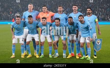 Manchester, Inghilterra, 5th ottobre 2022. La squadra di Manchester City durante la partita della UEFA Champions League all'Etihad Stadium, Manchester. L'immagine di credito dovrebbe essere: Andrew Yates / Sportimage Foto Stock