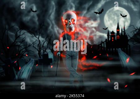 Creative 3D collage grafica poster cartolina schizzo di orribile persona elegante vestito celebrare Halloween isolato su sfondo pittura Foto Stock