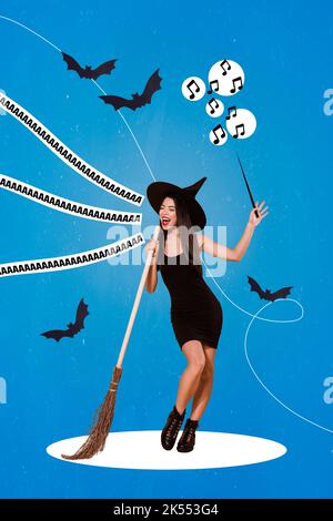 Creative 3D collage grafica cartolina schizzo di strega attraente godere halloween cantare immaginare microfono isolato su sfondo pittura Foto Stock