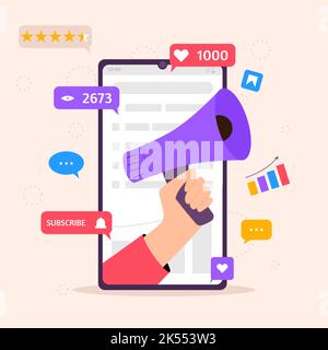 Altoparlante per mani umane. Concetto di social media marketing con icone di SMM. Campagna di marketing digitale, annuncio e banner Web di promozione. F Illustrazione Vettoriale