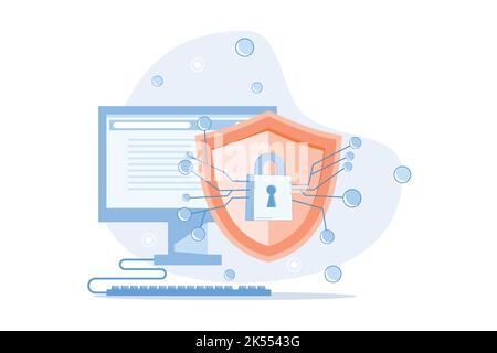 Personaggi che utilizzano i servizi di sicurezza informatica per proteggere i dati personali. Sicurezza dei pagamenti online, documenti condivisi sul cloud, sicurezza dei server e protezione dei dati Illustrazione Vettoriale