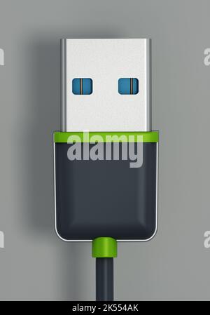 Cavo USB e spina isolati su sfondo grigio. Illustrazione 3D. Foto Stock