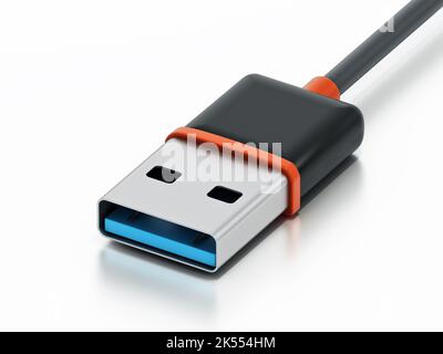 Cavo USB e spina isolati su sfondo bianco. Illustrazione 3D. Foto Stock