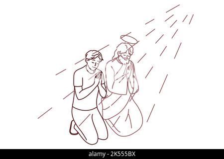 Il giovane religioso si inginocchia vicino a Gesù Cristo pregando con le mani insieme. Il credente maschio prega per la buona vita. Religione e fede. Illustrazione vettoriale. Illustrazione Vettoriale