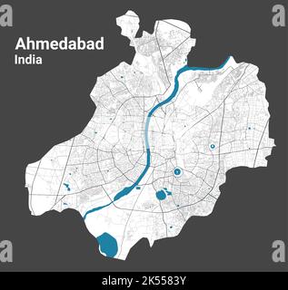 Mappa di Ahmedabad. Mappa dettagliata dell'area amministrativa della città di Ahmedabad. Panorama urbano. Illustrazione vettoriale senza royalty. Mappa stradale con autostrade, fiume Illustrazione Vettoriale