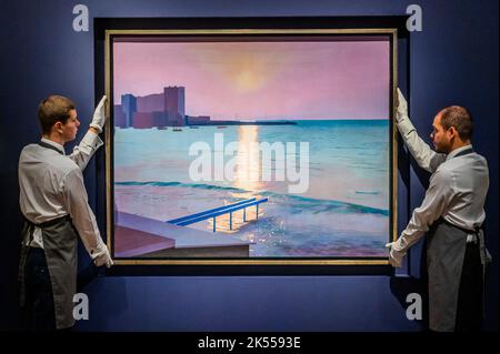 Londra, Regno Unito. 6th Ott 2022. David Hockney, prima mattina, Sainte-Maxime (1969, stima: £7.000.000-10.000.000) - il 20th/21st secolo: Vendita serale di Londra a Christies Londra. Presenta maestri britannici ed europei accanto ad artisti internazionali contemporanei. Credit: Guy Bell/Alamy Live News Foto Stock