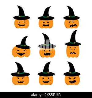 Set di semplici zucche colorate cartoon per Halloween divertenti per bambini con emozioni diverse. Illustrazione divertente del vettore delle zucche. Semplice stile piatto, buono come Illustrazione Vettoriale