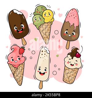 Simpatico gelato al cartone animato con faccia felice, collezione vettoriale. Illustrazione Vettoriale