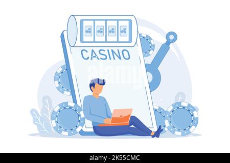 Slot machine slot machine online, gioco da casinò, vincitrice di grandi soldi, vincita di jackpot, dipendenza da gioco, scarica l'applicazione, gioca a un design piatto Illustrazione Vettoriale