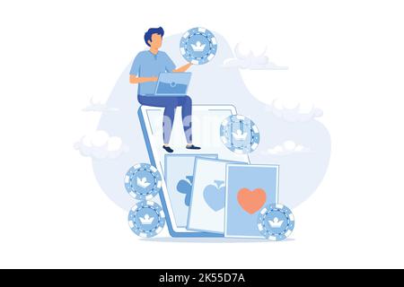 Poker online, poker digitale, internet gambling club, sale da casinò online, gioco di soldi veri, Giocatore professionista, torneo internazionale Flat vettore Illustrazione Vettoriale
