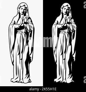 Madonna in preghiera, illustrazione vettoriale su sfondo bianco e nero Illustrazione Vettoriale