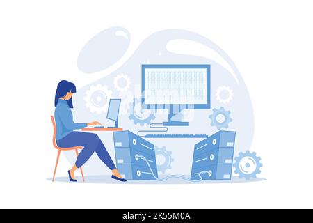 Amministrazione di sistema manutenzione di rete, configurazione di sistemi e server, installazione o aggiornamento di componenti e software flat design m Illustrazione Vettoriale