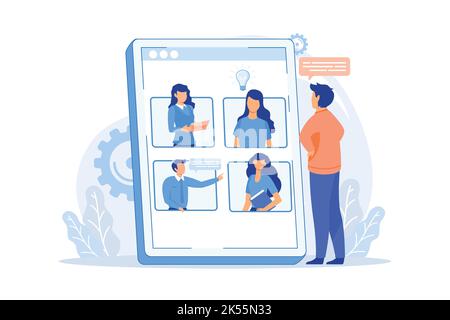 meetup online Conference call, partecipa a meetup group, videochiamata online service, comunicazione a distanza, riunione informale, membri networking flat design Illustrazione Vettoriale