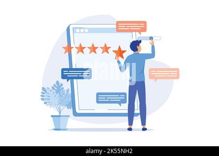 Feedback degli utenti e valutazione del sito Web feedback dei clienti, revisione del sito Web, valutazione dei prodotti non commerciali, servizio di valutazione, condivisione di esperienza flat design Illustrazione Vettoriale