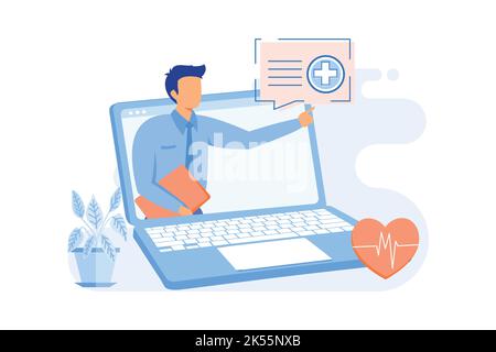 TeleHealth assistenza medica virtuale, ammissione remota, consulenza medica, appuntamento telesualitario, blocco pandemico del coronavirus, design piatto e sociale Illustrazione Vettoriale