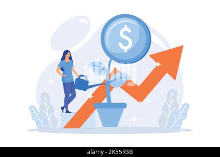 Investimenti finanziari. Analisi delle tendenze di mercato, investendo in aree redditizie, concentrandosi su progetti redditizi. Imprenditoria che finanzia un progetto di business. Illustrazione Vettoriale