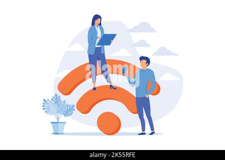 Hotspot wi fi pubblico. Tecnologia wireless, zona di segnale libera, connessione Web. Persone che navigano su Internet utilizzando dispositivi portatili, smartphone e laptop Fla Illustrazione Vettoriale