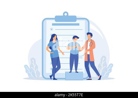 Esame fisico testa a piedi esame testa a piedi, risultati dell'esame fisico, valutazione clinica, ecografia, tutti i sistemi del corpo design piatto mo Illustrazione Vettoriale