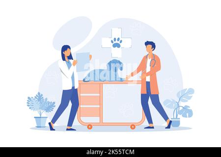 Ospedale di clinica di Vet, ambulatorio, servizi di vaccinazione, clinica animale, cura medica degli animali domestici, servizio veterinario, apparecchiature diagnostiche design piatto moderno illu Illustrazione Vettoriale