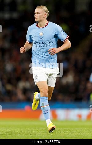 Manchester, Regno Unito. 05th Ott 2022. Erling Haland di Manchester City durante la partita della UEFA Champions League Group G tra Manchester City e il FC Copenhagen, presso l'Etihad Stadium, il 5th 2022 ottobre a Manchester, Inghilterra. (Foto di Daniel Chesterton/phcimages.com) Credit: PHC Images/Alamy Live News Foto Stock