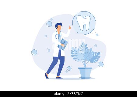 Servizio dentistico privato, clinica odontoiatrica, assicurazione sanitaria, salute dei denti, dentista di emergenza, fare un appuntamento piatto disegno moderno illustrazione Illustrazione Vettoriale