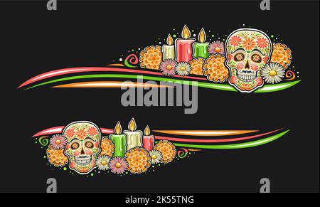 Vector Border for Day of the Dead con spazio vuoto per il testo, biglietto d'auguri con illustrazione di arte decorativa cranio spoky, cand colorato bruciante Illustrazione Vettoriale