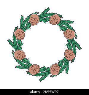 Bella corona invernale con rami di abete e coni vettore isolato. Bordo circolare botanico in ramoscelli di pino. Decorazione natalizia festiva per le carte Illustrazione Vettoriale
