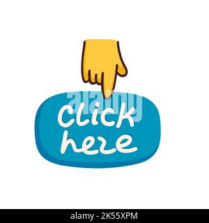 Fare clic qui per visualizzare un adesivo sui social media, creare un blog o un'illustrazione piatta del vettore vlog. Set di icone dei cartoni animati per la creazione di contenuti Internet Illustrazione Vettoriale