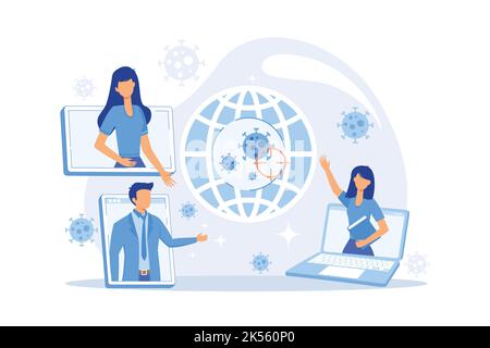 Illustrazione del concetto di risposta globale di Covid-2019. Sforzi internazionali, conferenza medica online, misure preventive, concetto di controllo governativo. Illustrazione Vettoriale